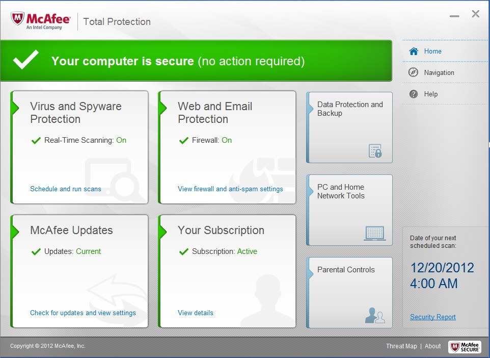 McAfee Total Protection 12.1 : Main window