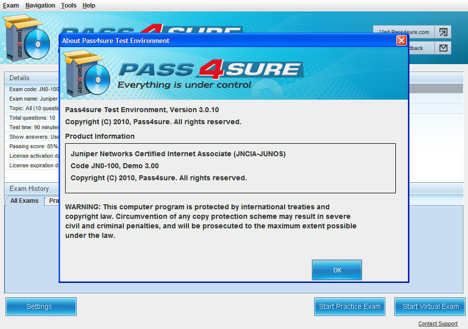 Pass4sure for Juniper Networks jn0-100 3.0 : Main window