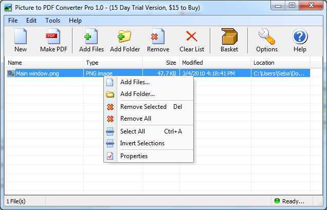 Picture to PDF Converter Pro 1.0 : Right click menu