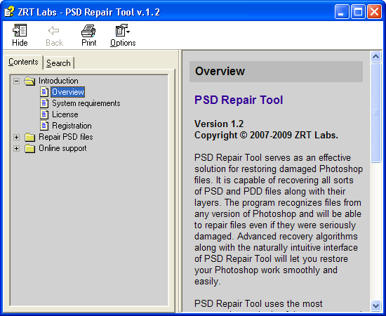 PSD Repair Tool 1.2 : Help Window