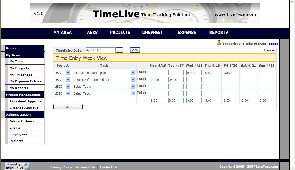 TimeSheet System 7.1 : Main Window