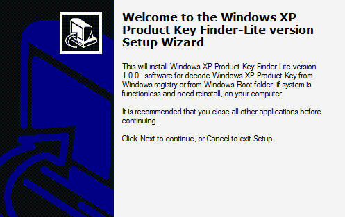 Windows XP Product Key Finder-Lite - software for 1.0 : Windows XP Product Key Finder Installation