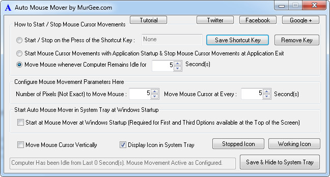 Auto Mouse Mover 2.0 : Main window