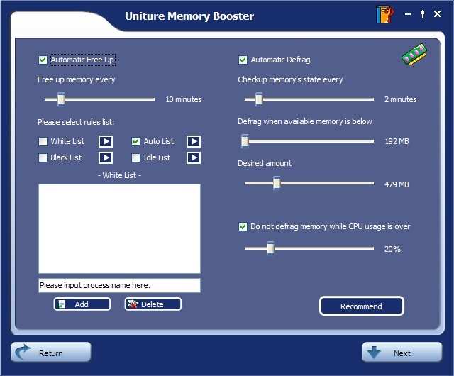 Uniture Memory Booster 6.1 : Main window