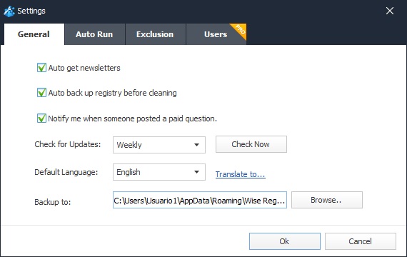 Wise Registry Cleaner Free 9.3 : Settings Dialog