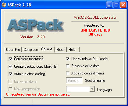 ASPack 2.2 : Main window