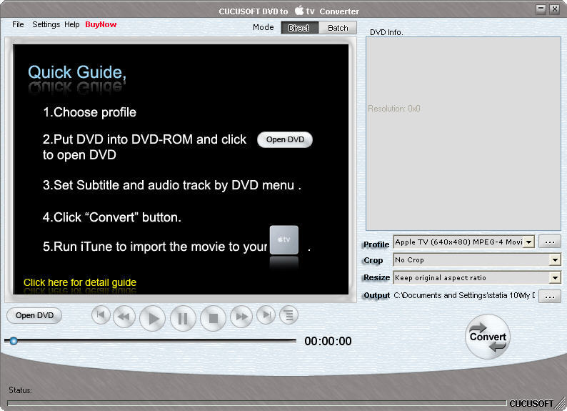 Cucusoft DVD to Apple TV + Apple TV Video Converter Suite 8.8 : DVD to TV converter window.