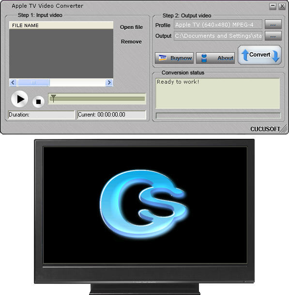 Cucusoft DVD to Apple TV + Apple TV Video Converter Suite 8.8 : TV video converter window.