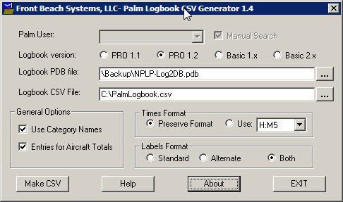 FBS - Palm Logbook To CSV 1.4 : Main window