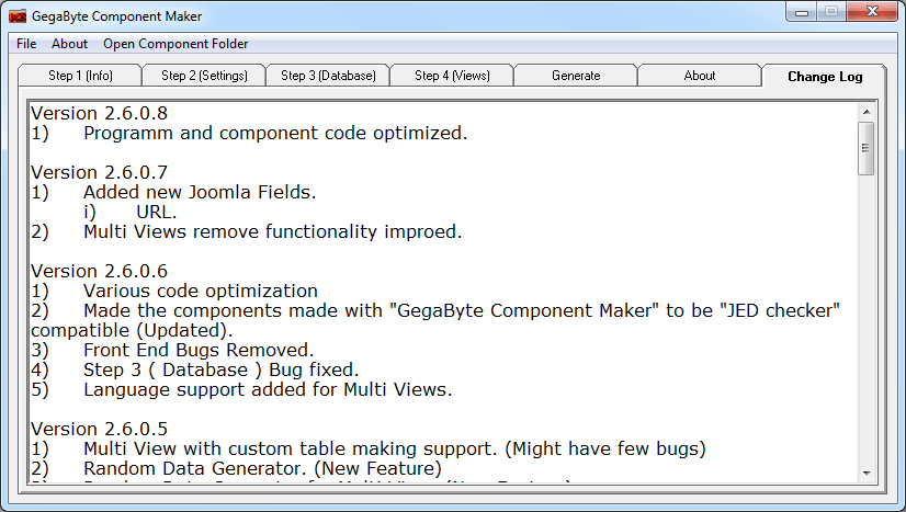GegaByte Component Maker 2.6 : Change Log tab