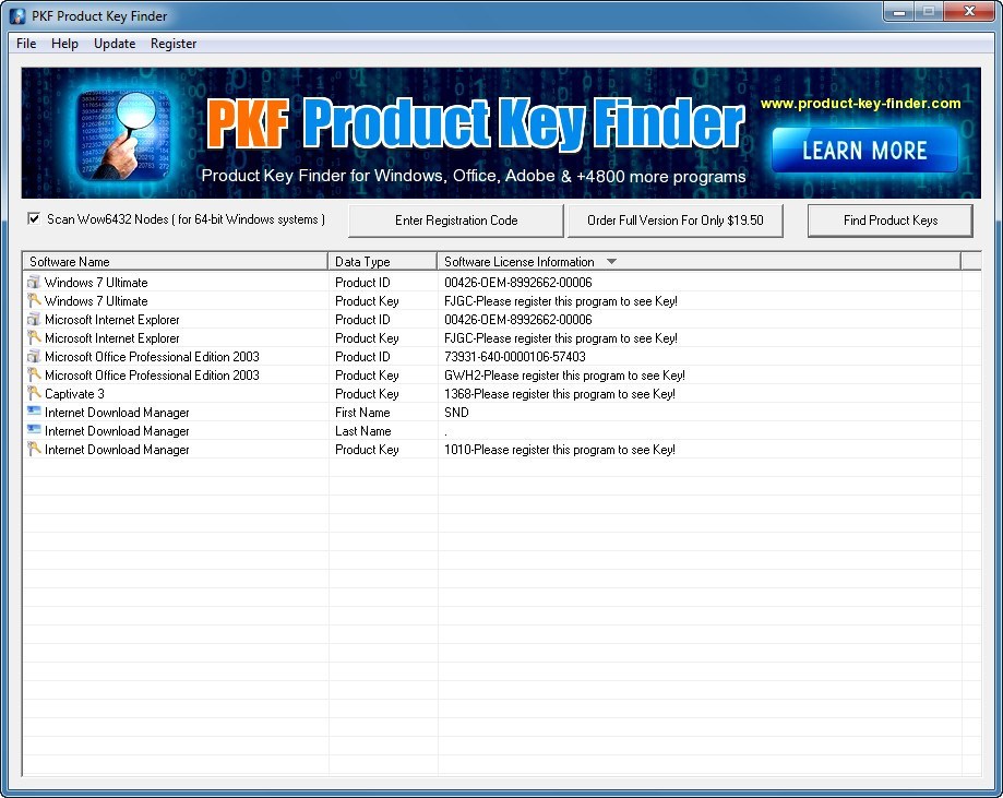PKF Product Key Finder 1.0 : Main window