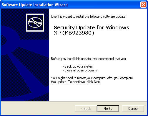 Security Update for Windows XP (KB923980) 1.0 : Install Preview