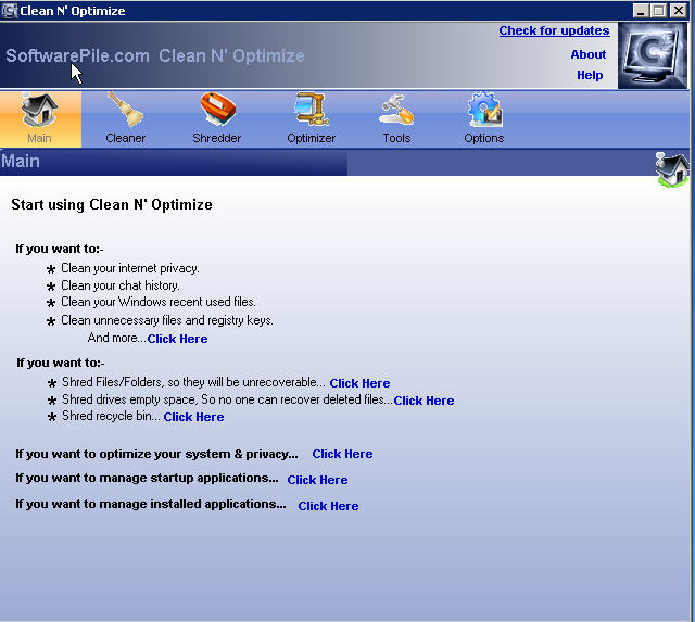 SoftwarePile Clean N' Optimize 1.0 : Main window