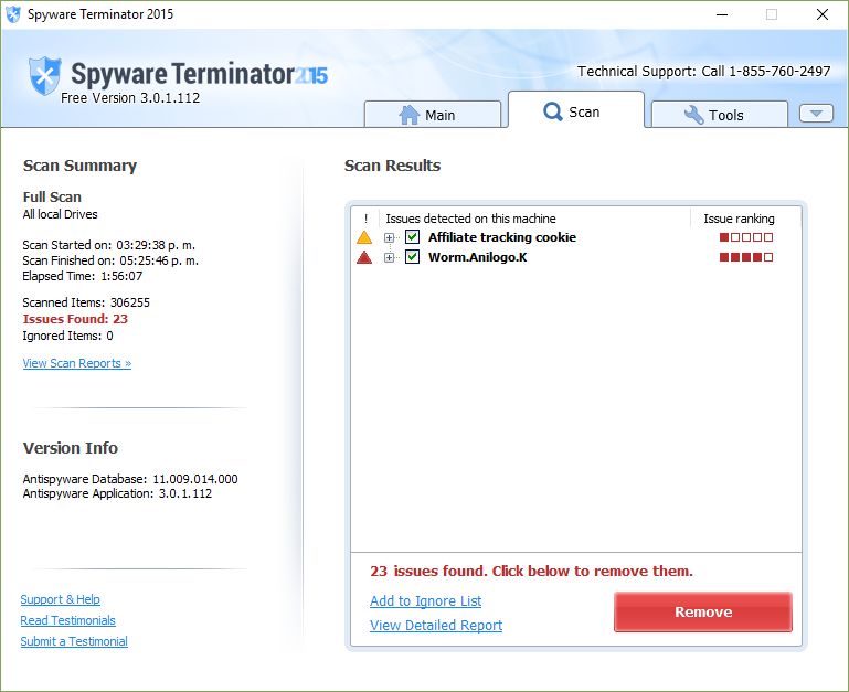 Spyware Terminator 2012 3.0 : Scan results