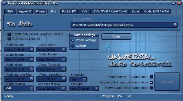 Universal Video converter 6.0 : To iPod settings