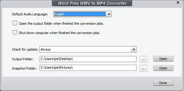 WinX Free WMV to MP4 Converter 4.2 : General Settings