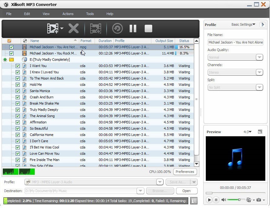 Xilisoft MP3 Converter 6.1 : Main Screen