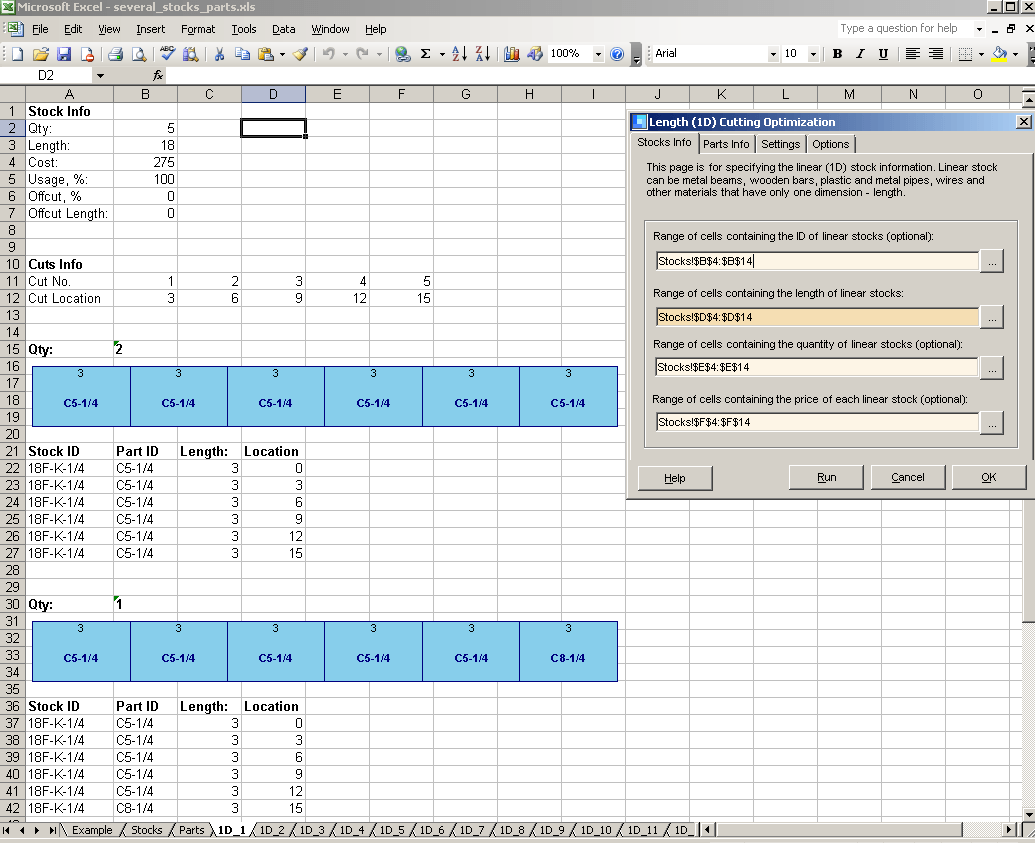 1DCutX - Length Cutting Add-in for Excel 1.1 : Main Window