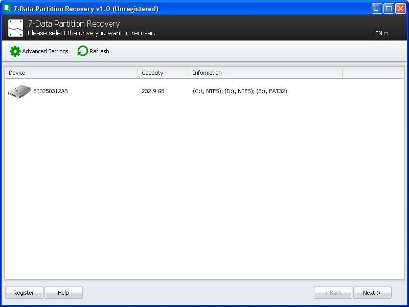 7-Data Partition Recovery 1.0 : Main window