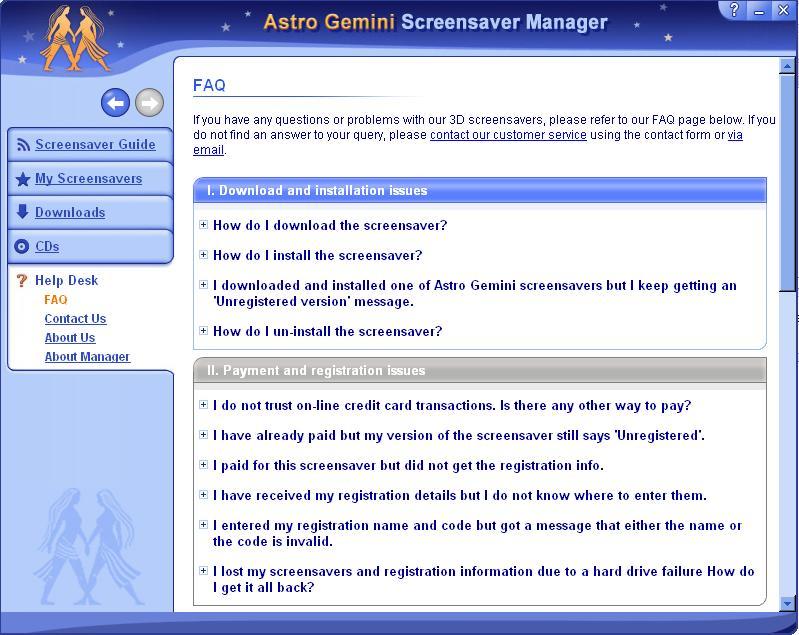 Astro Gemini Screensaver Manager : Help desk