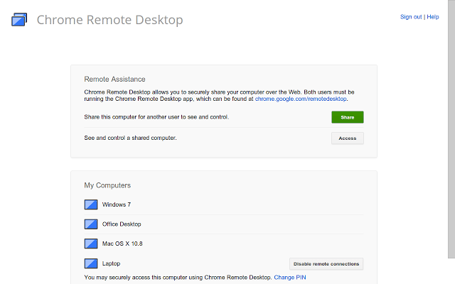 Chrome Remote Desktop 34.0 : Main window