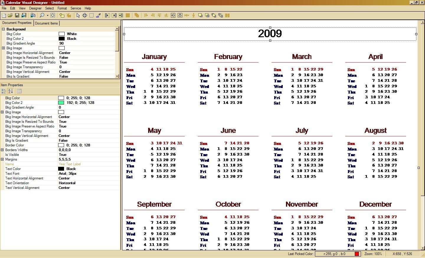 Calendar Visual Designer 1.2 : Calendar properties
