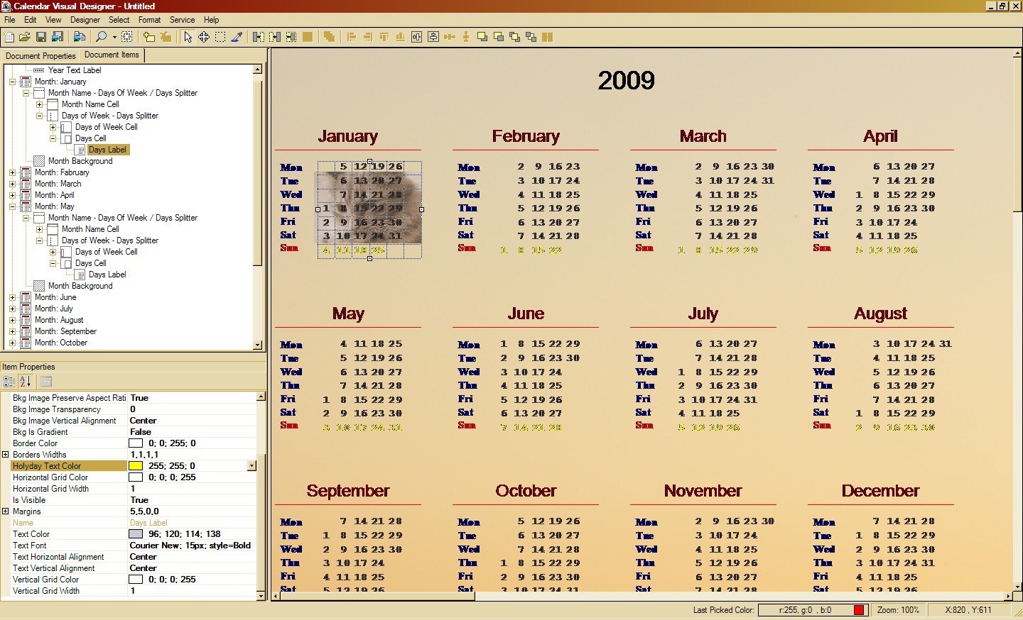 Calendar Visual Designer 1.2 : Calendar's design
