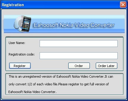 Eahoosoft Nokia Video Converter 2.1 : Registration Window