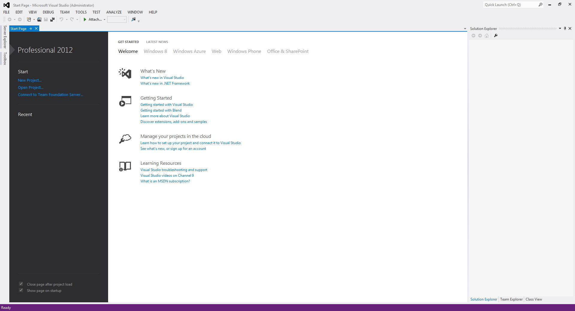 Microsoft Visual Studio Professional Edition 11.0 : The Start Page
