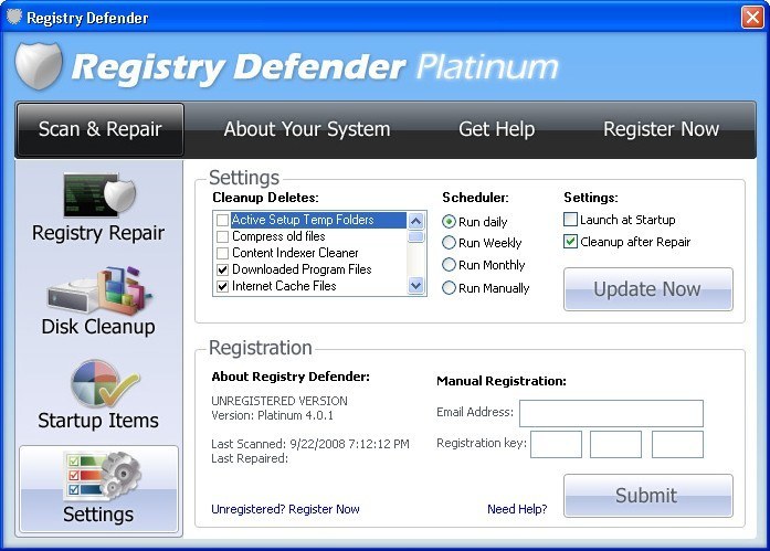 Registry Defender Platinum 4.0 : settings window