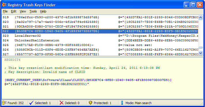 Registry Trash Keys Finder 3.9 : Main window