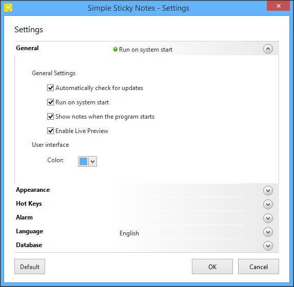 Simple Sticky Notes 3.1 : Settings Window - General Tab