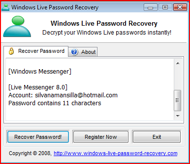 Windows Live Password Recovery 1.2 : password recovered