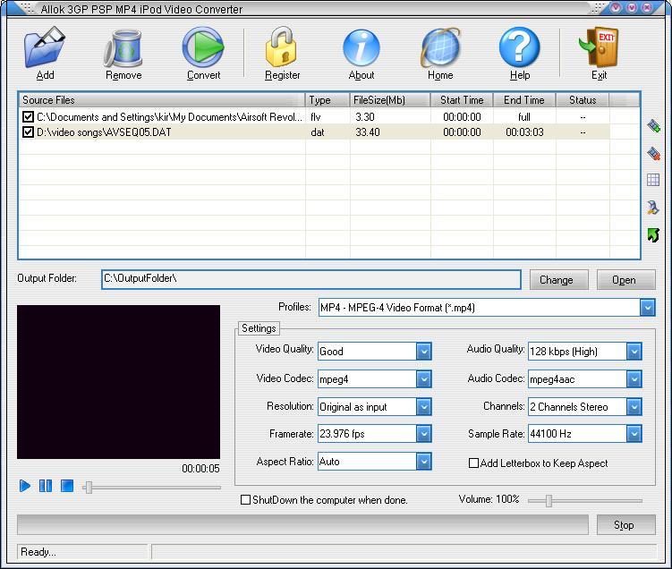 Allok 3GP PSP MP4 iPod Video Converter 5.2 : Main Window