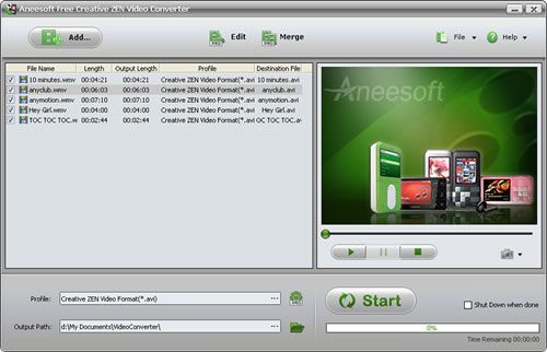 Aneesoft Free Creative ZEN Video Converter 2.3 : Main interface