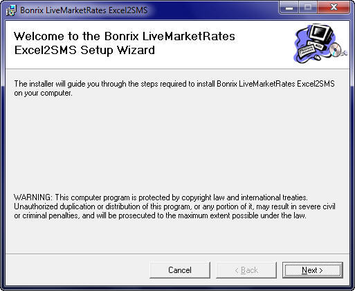 Bonrix LiveMarketRates Excel2SMS 1.0 : Main window