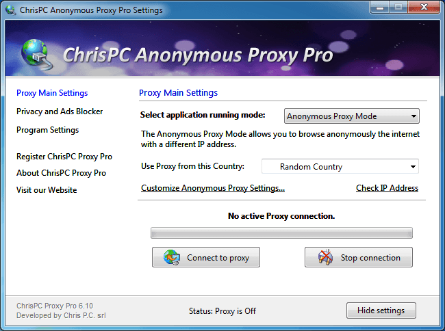 ChrisPC Anonymous Proxy Pro 6.1 : Main window