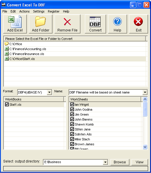 Convert Excel To DBF 29.1 : Main window.