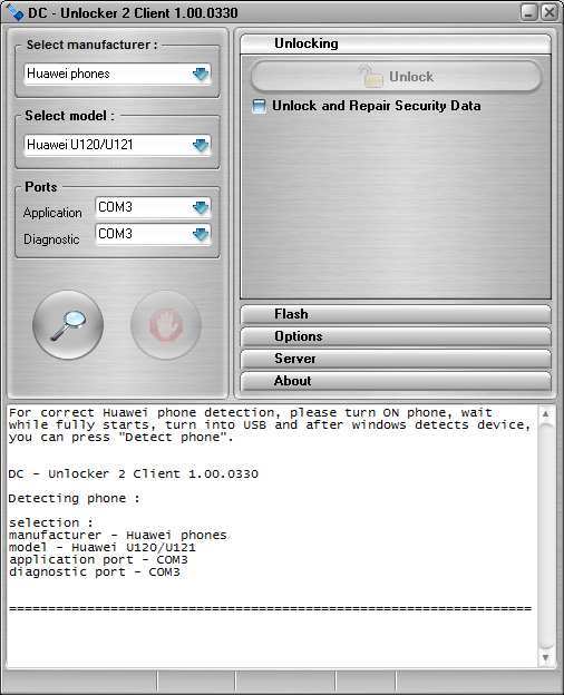 DC-Unlocker2 client 1.0 : Main screen
