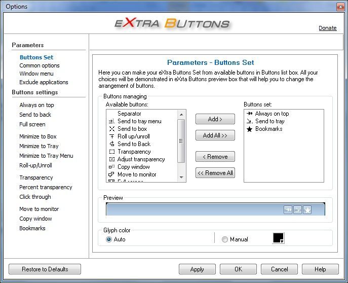 eXtra Buttons 2.2 beta : Options Window