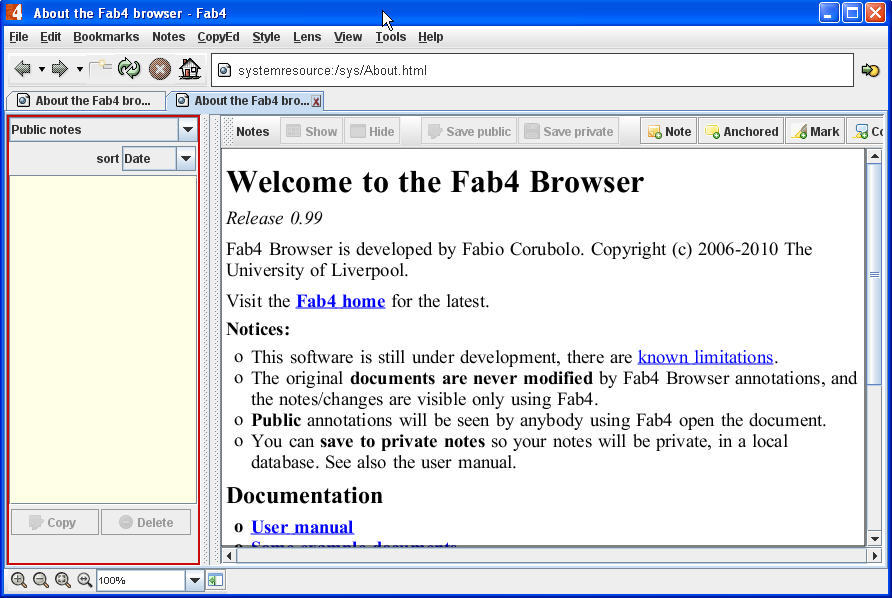 Fab4 document browser 0.9 : Main window