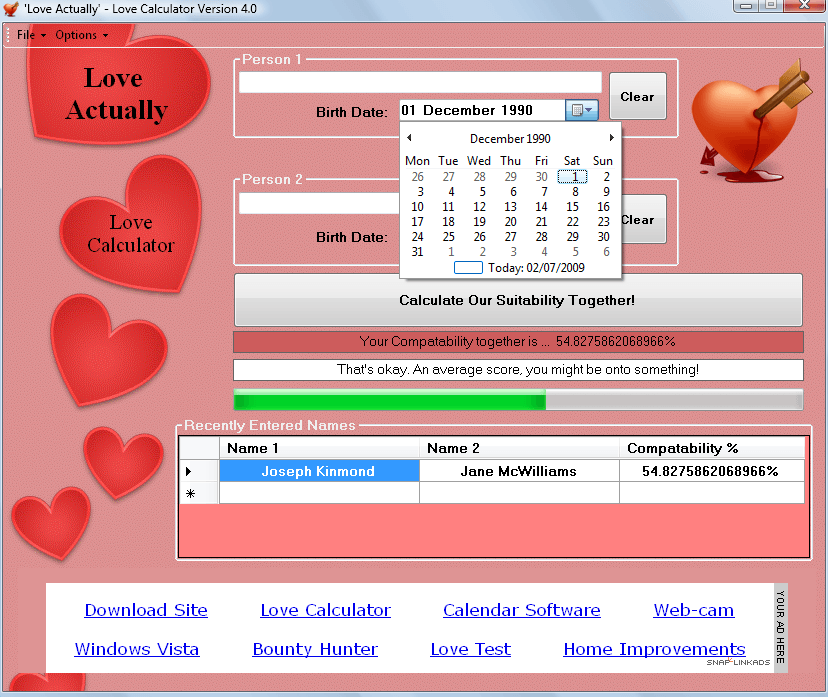 'Love Actually' - Love Calculator 4.0 : Calendar