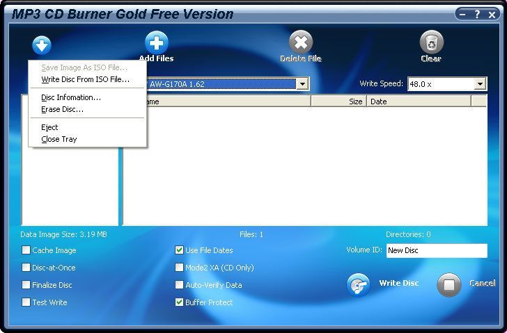 MP3 CD Burner Gold 7.4 : Menu options