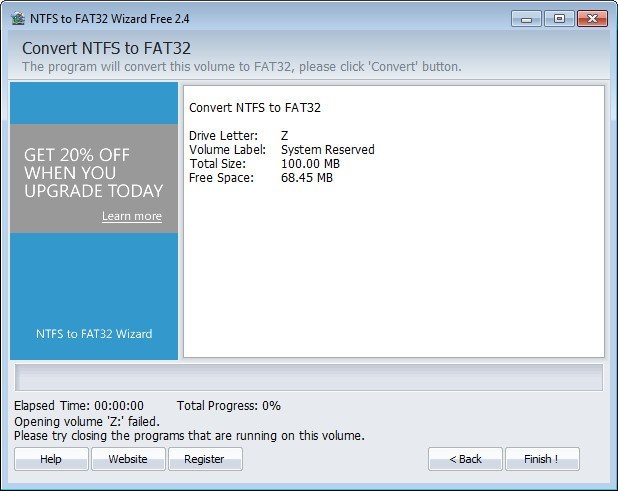 NTFS to FAT32 Wizard 2.4 : Conversion Window