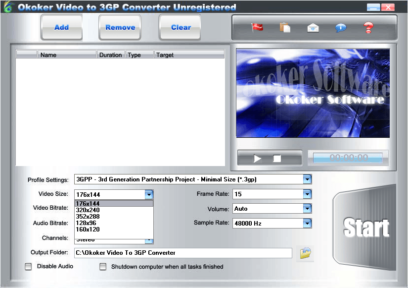 Okoker Video to 3GP Converter 5.1 : Video size