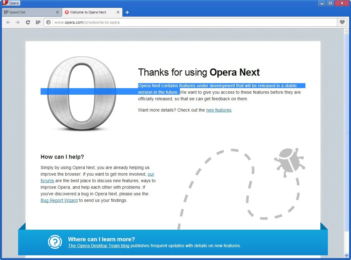 Opera Next 23.0 beta : Browser Window