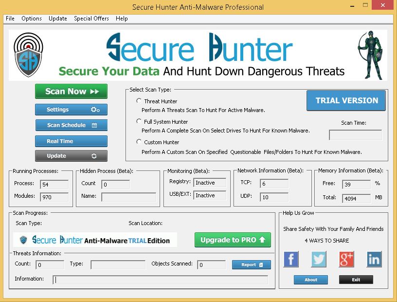 Secure Hunter Anti-Malware Professional Edition 1.0 : Main Window