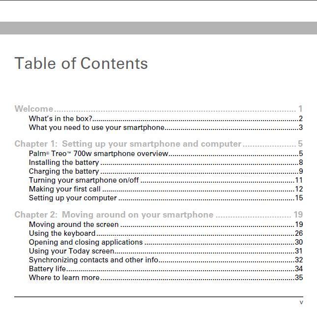 Treo 700w User Guide 1.0 : Table of contents page 1
